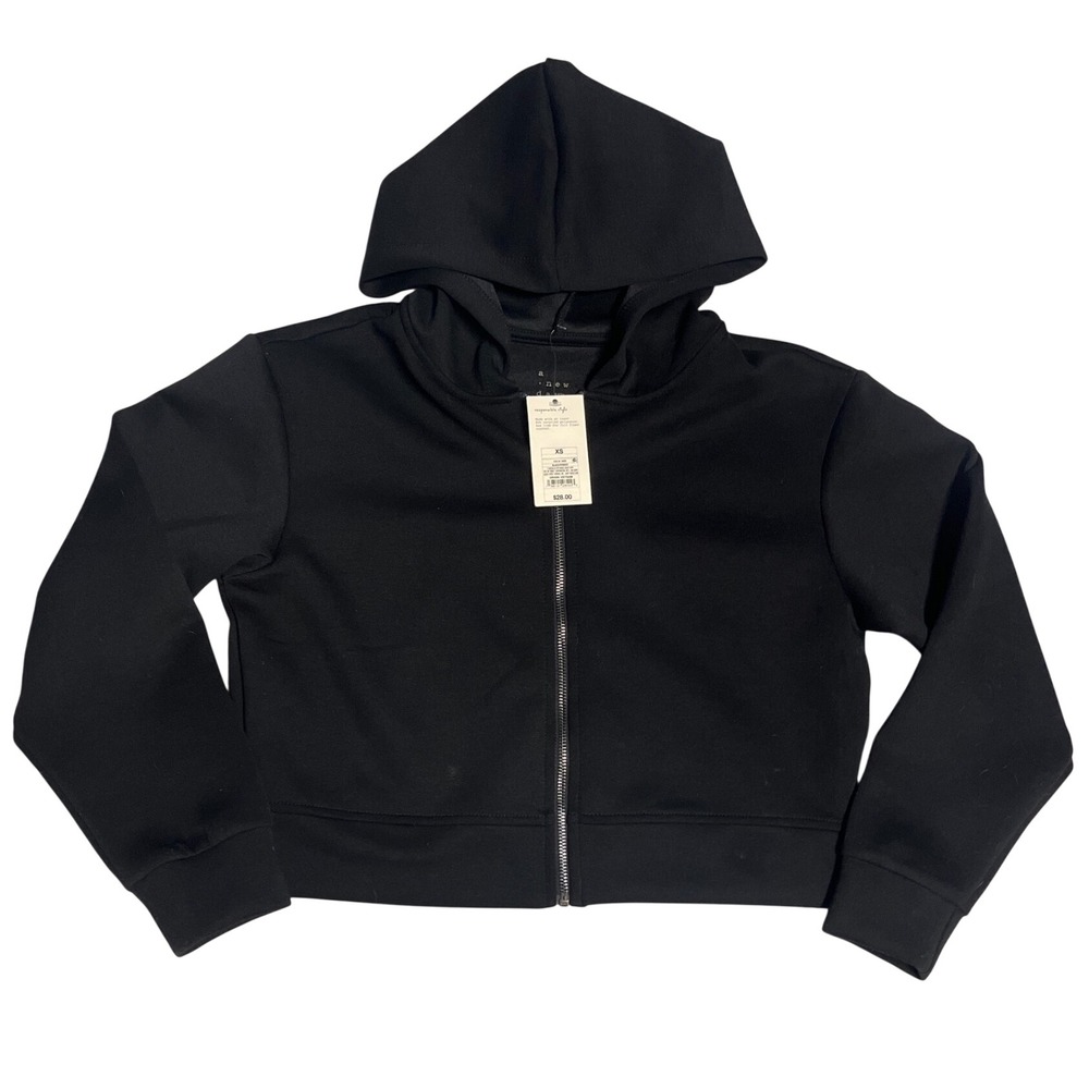 A New Day Zip Hoodie Womens XS Black NWT Cropped Scuba Recycled Polyester Modern